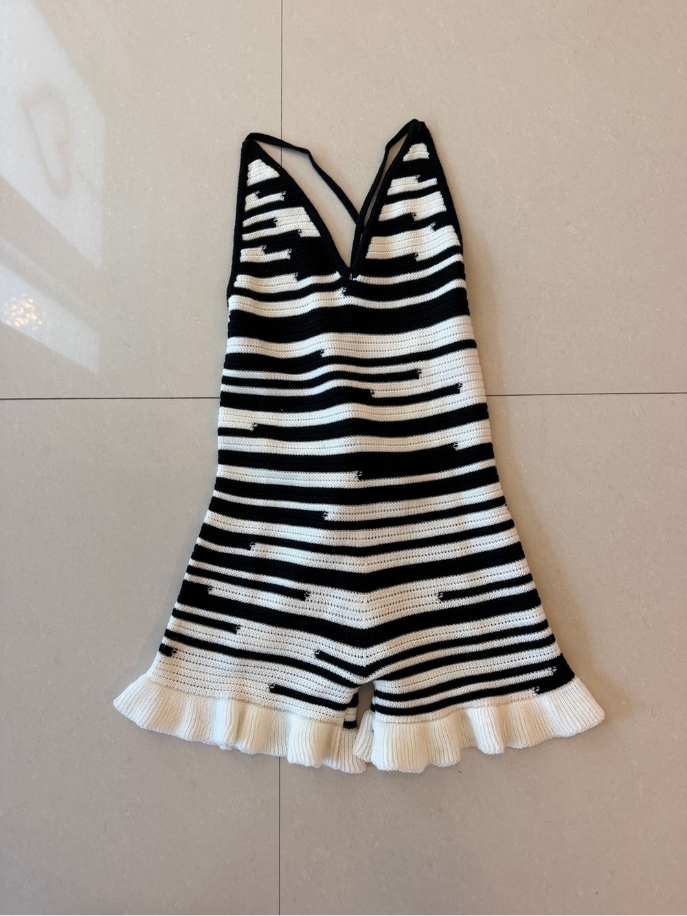 Striped Crochet Romper Black and White